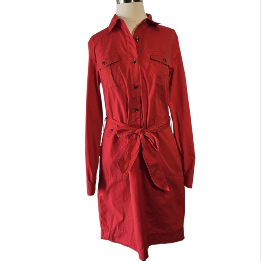 Banana Republic Red Cotton Stretch Button Front Tunic Shirt Midi Dress Size 8